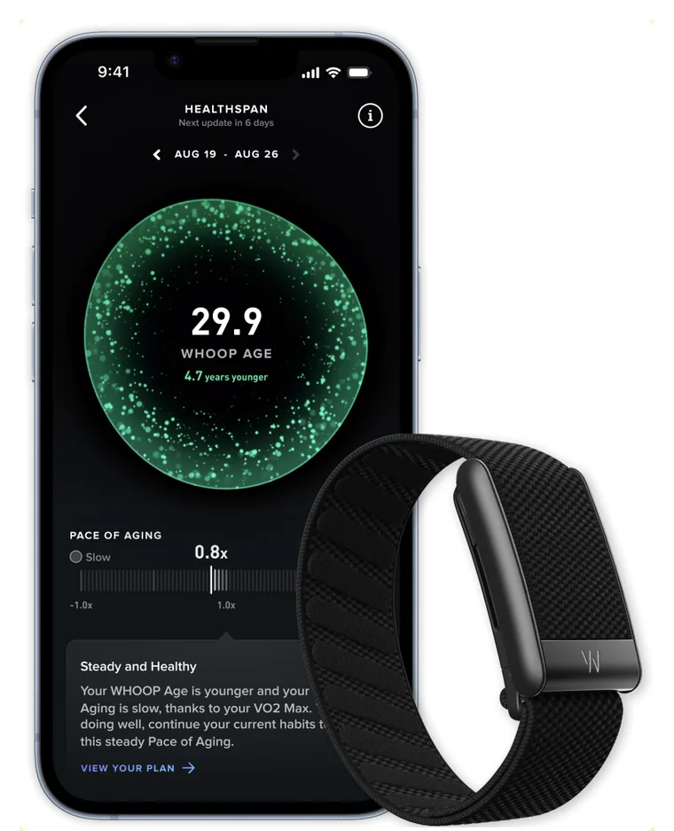 WHOOP 5.0 sensor on a black knit band next to a phone showing the WHOOP Healthspan screen